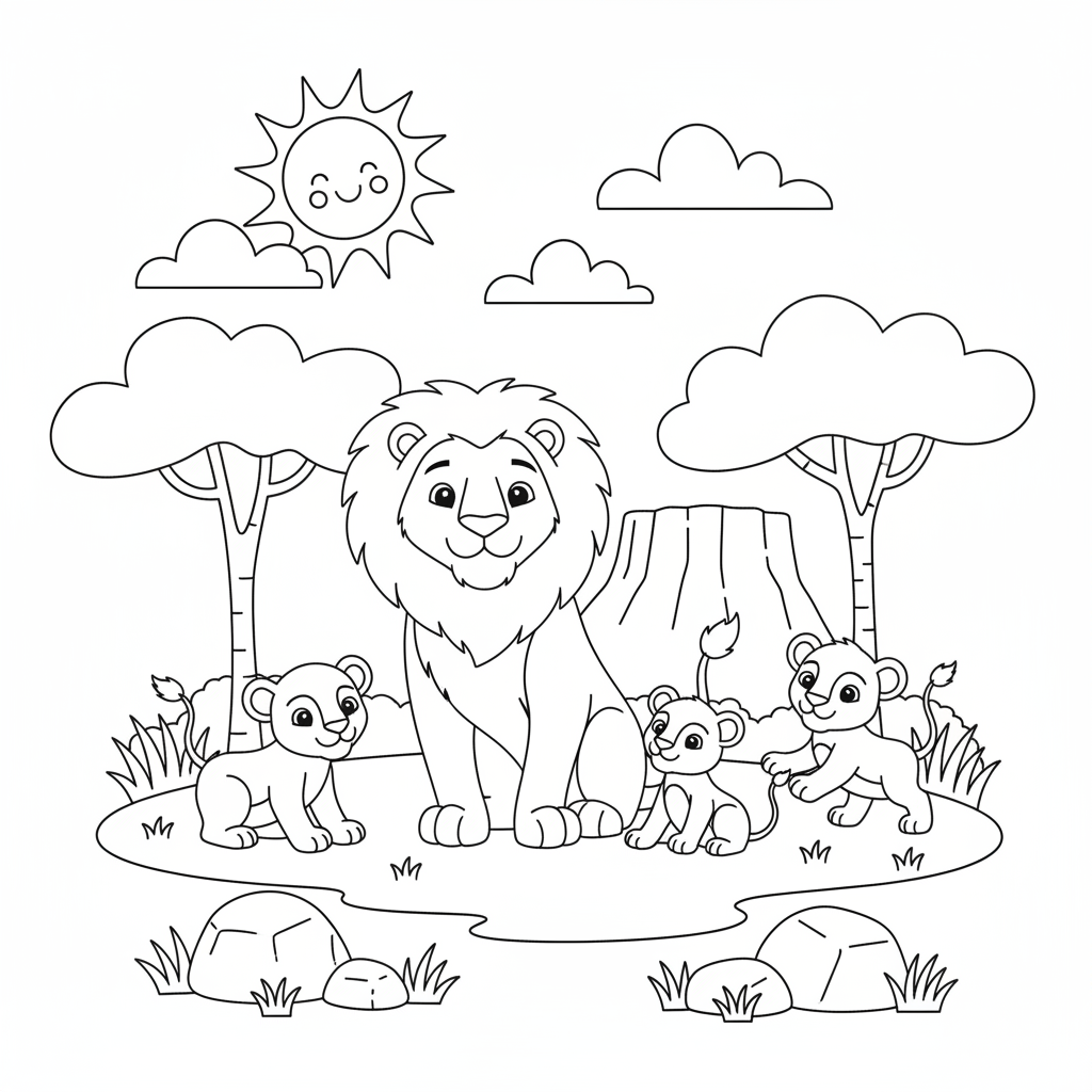 Lion Family on African Savanna Coloring Page