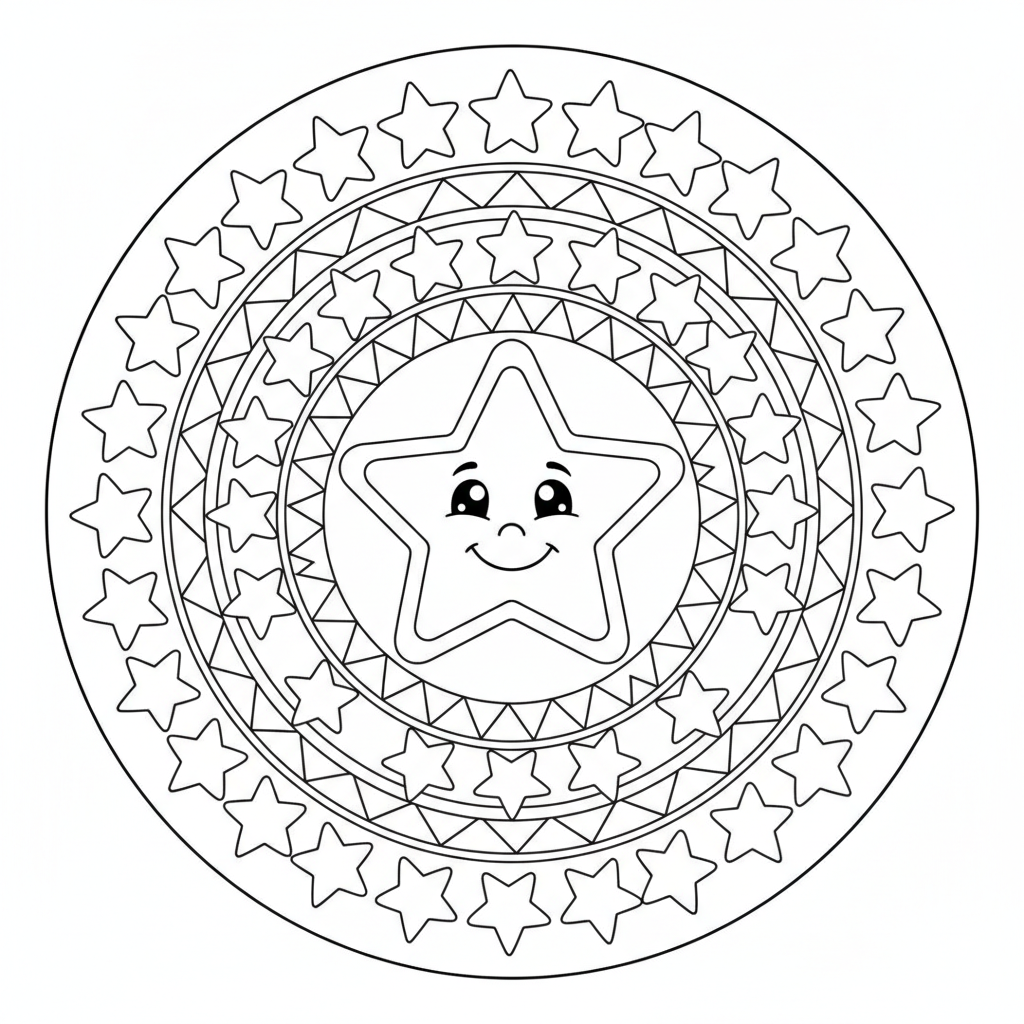 Einfaches Kinder-Mandala mit Sternen Ausmalbild