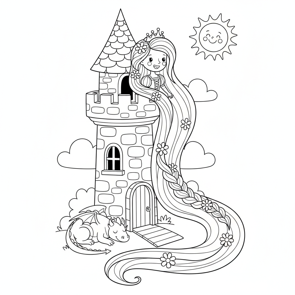 Prinzessin mit langem Haar im Turm Ausmalbild