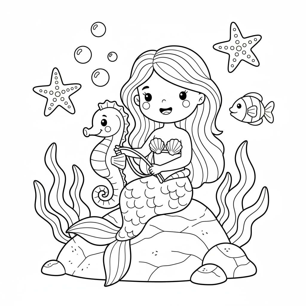 Meerjungfrau und Seepferdchen Ausmalbild