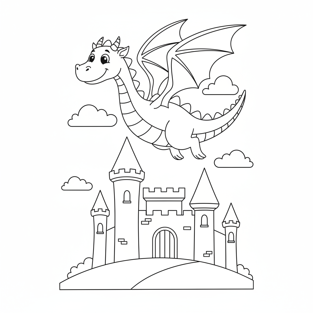 Drache fliegt über Schloss Ausmalbild