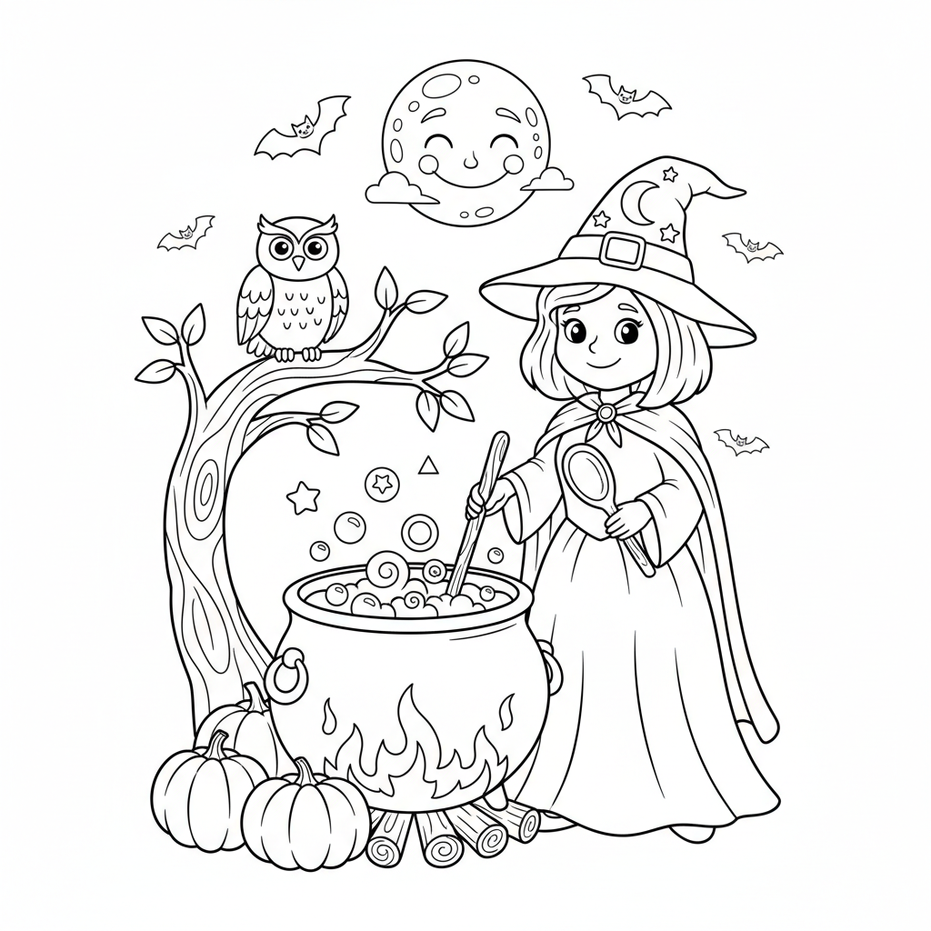 Hexe mit Kessel Ausmalbild