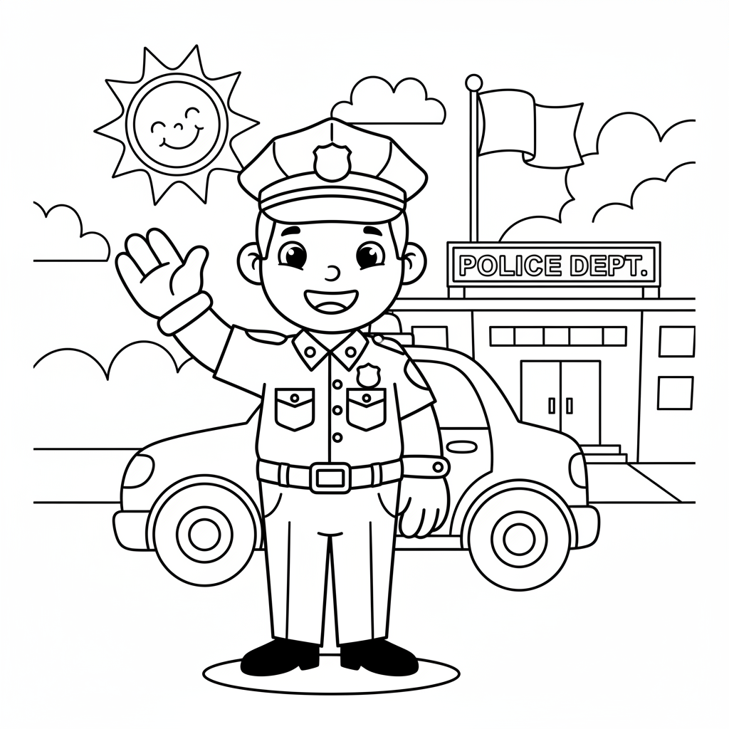 Freundlicher Polizist winkt Ausmalbild