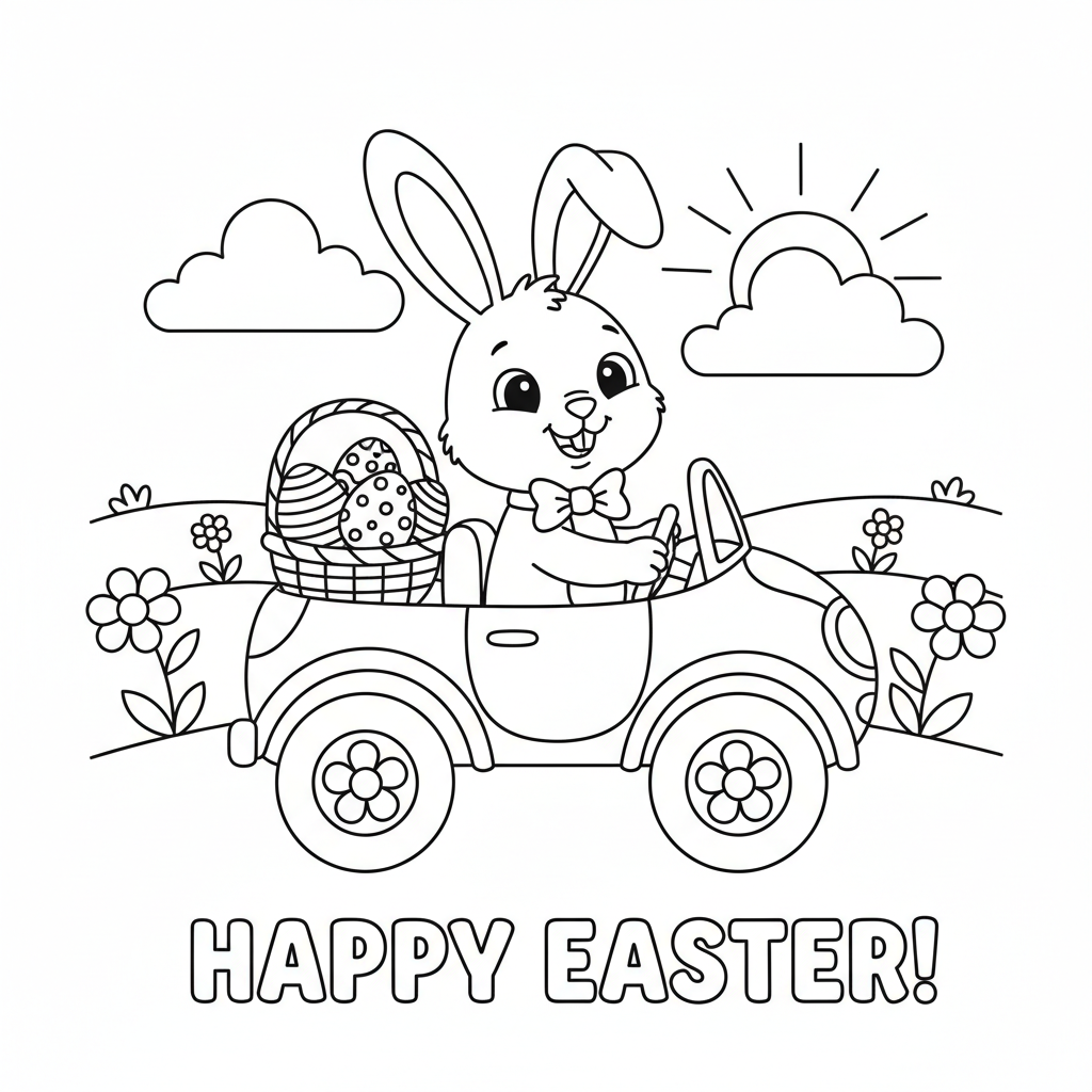 Osterhase fährt Auto Ausmalbild