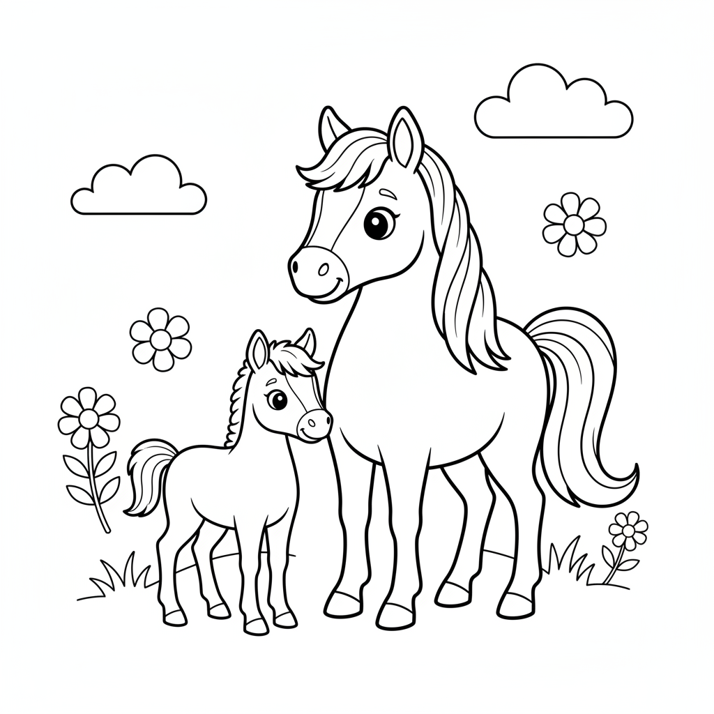 Süßes Fohlen mit Mutter Ausmalbild