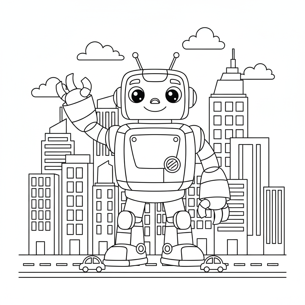 Riesiger Roboter in Stadt Ausmalbild