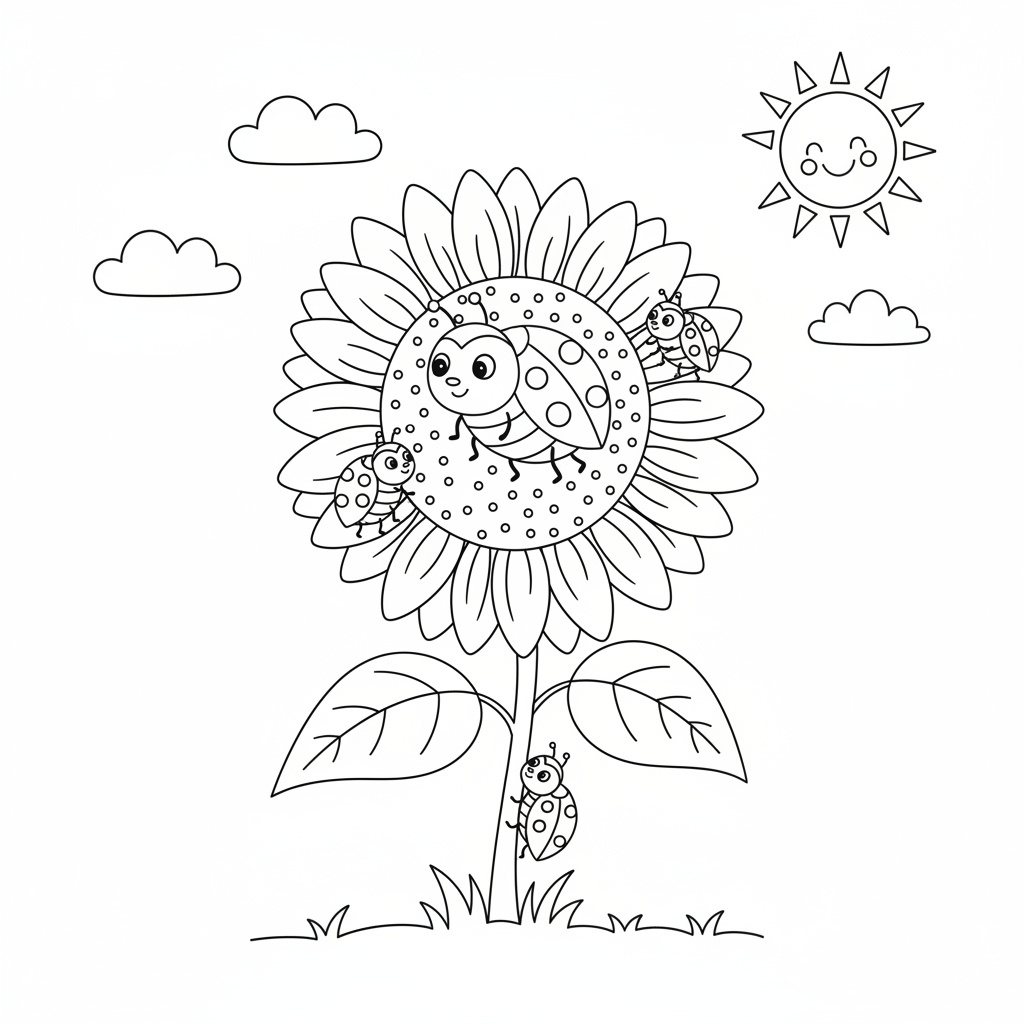 Marienkäfer-Familie auf Sonnenblume Ausmalbild