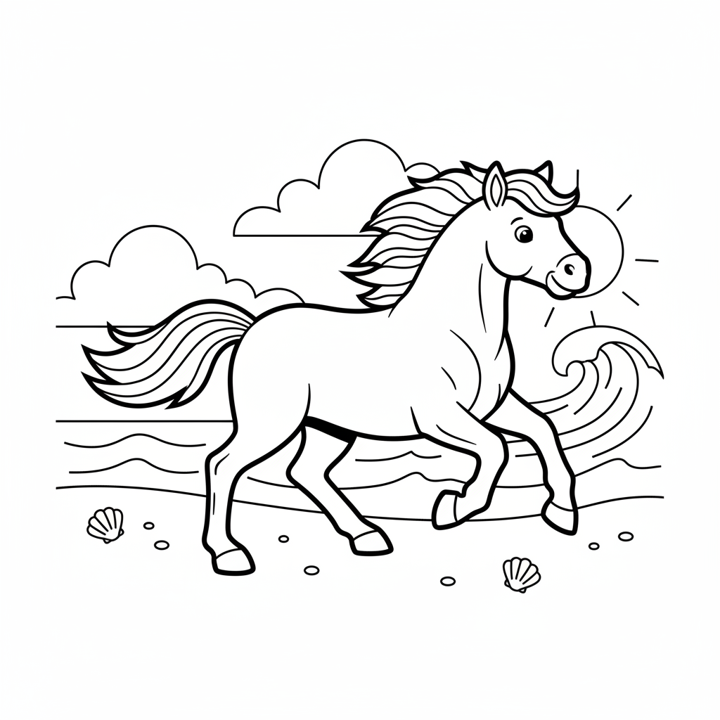 Wildpferd läuft frei am Strand Ausmalbild