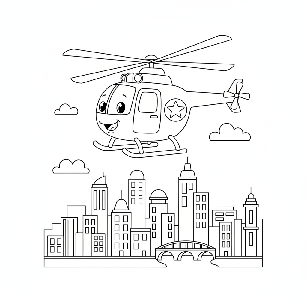 Polizeihubschrauber fliegt über Stadt Ausmalbild