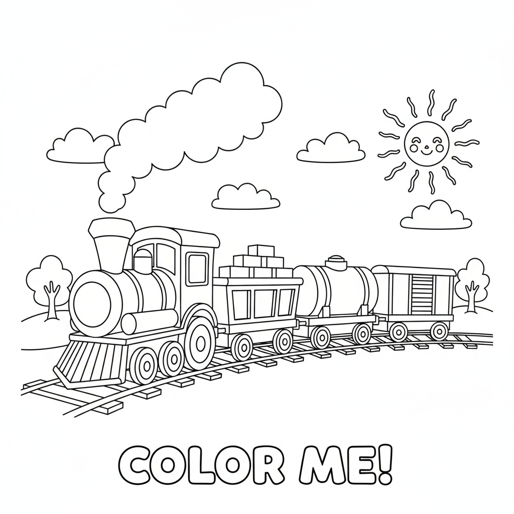 Gueterzug mit Waggons Ausmalbild