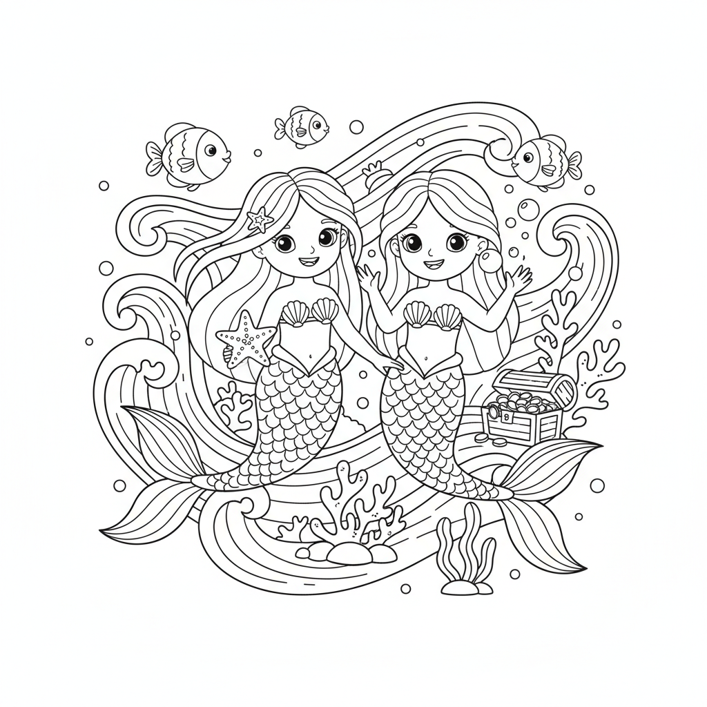 Zwei Meerjungfrauen schwimmen Ausmalbild