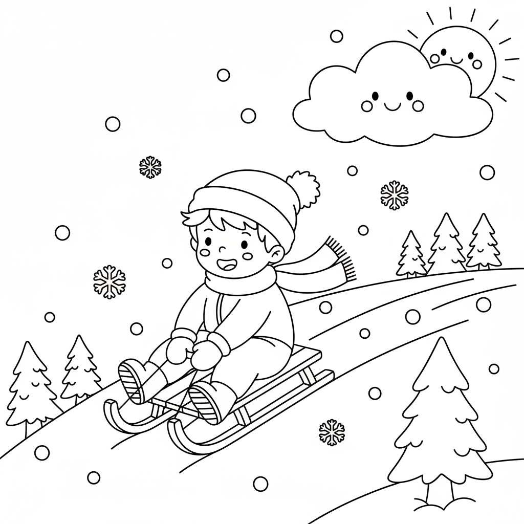 Kind faehrt Schlitten Ausmalbild