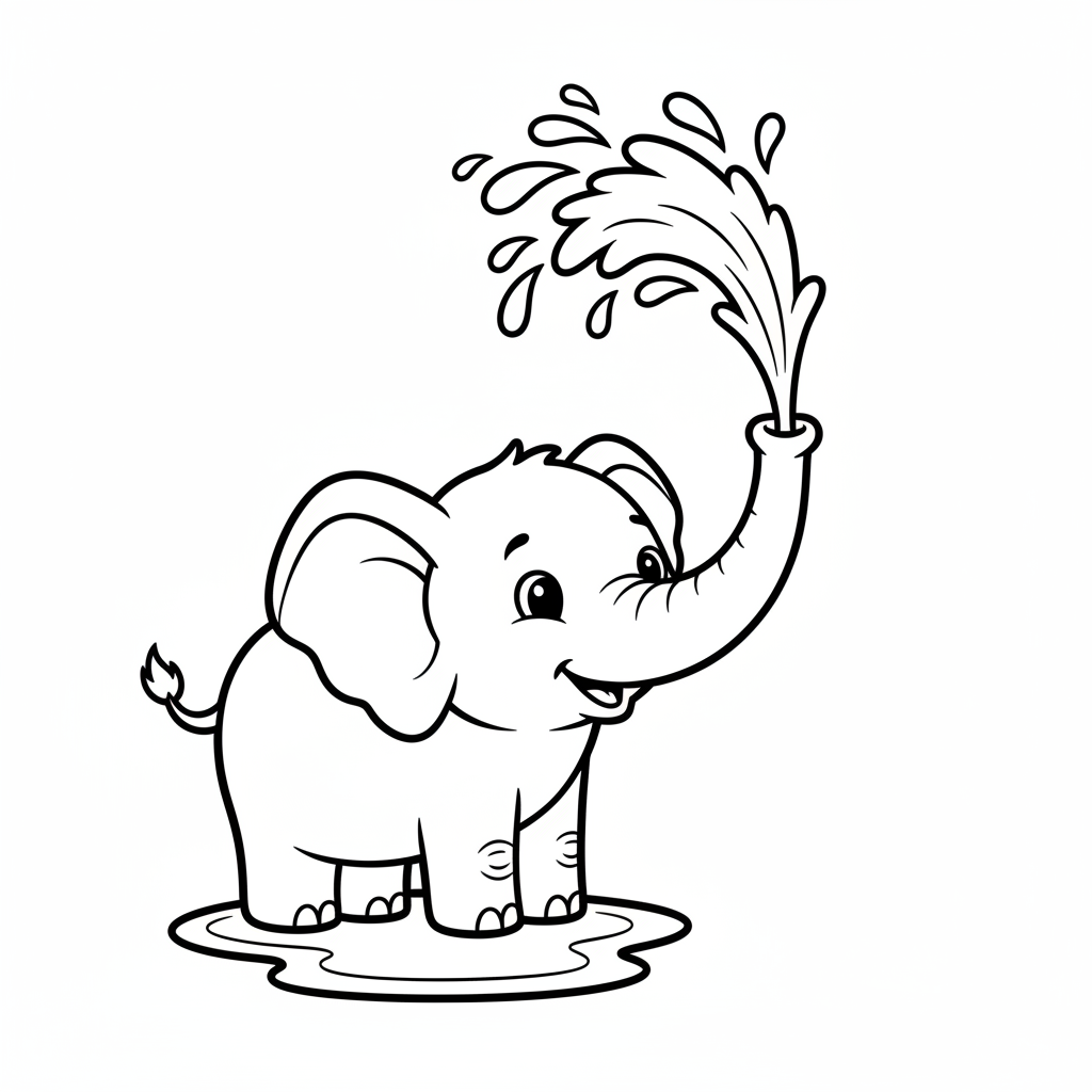 Elefant spritzt Wasser mit Rüssel Ausmalbild
