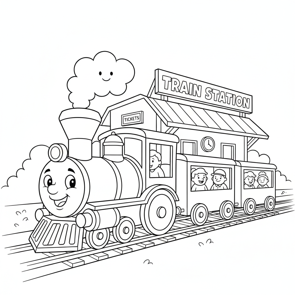 Zug am Bahnhof Ausmalbild