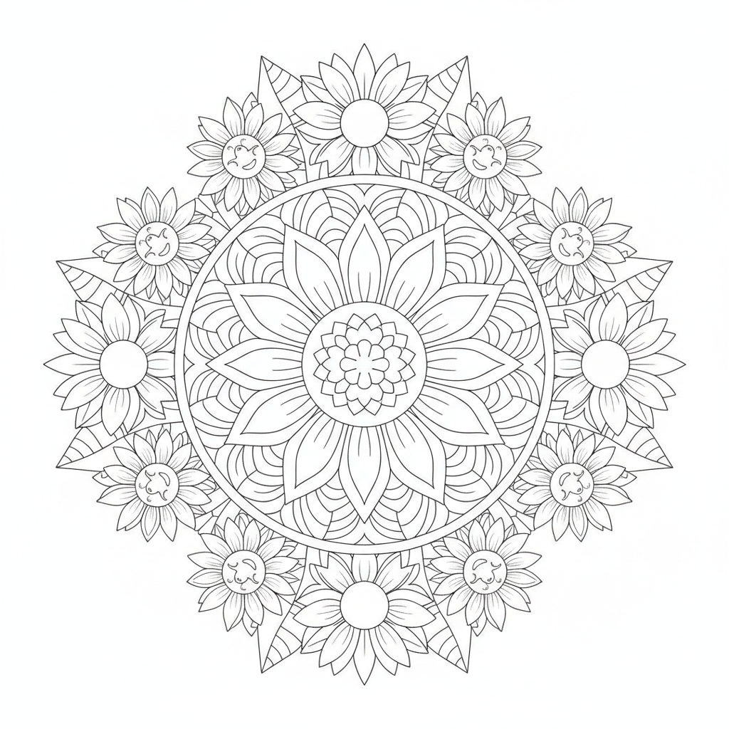 Mandala mit Sonnenblumen Ausmalbild