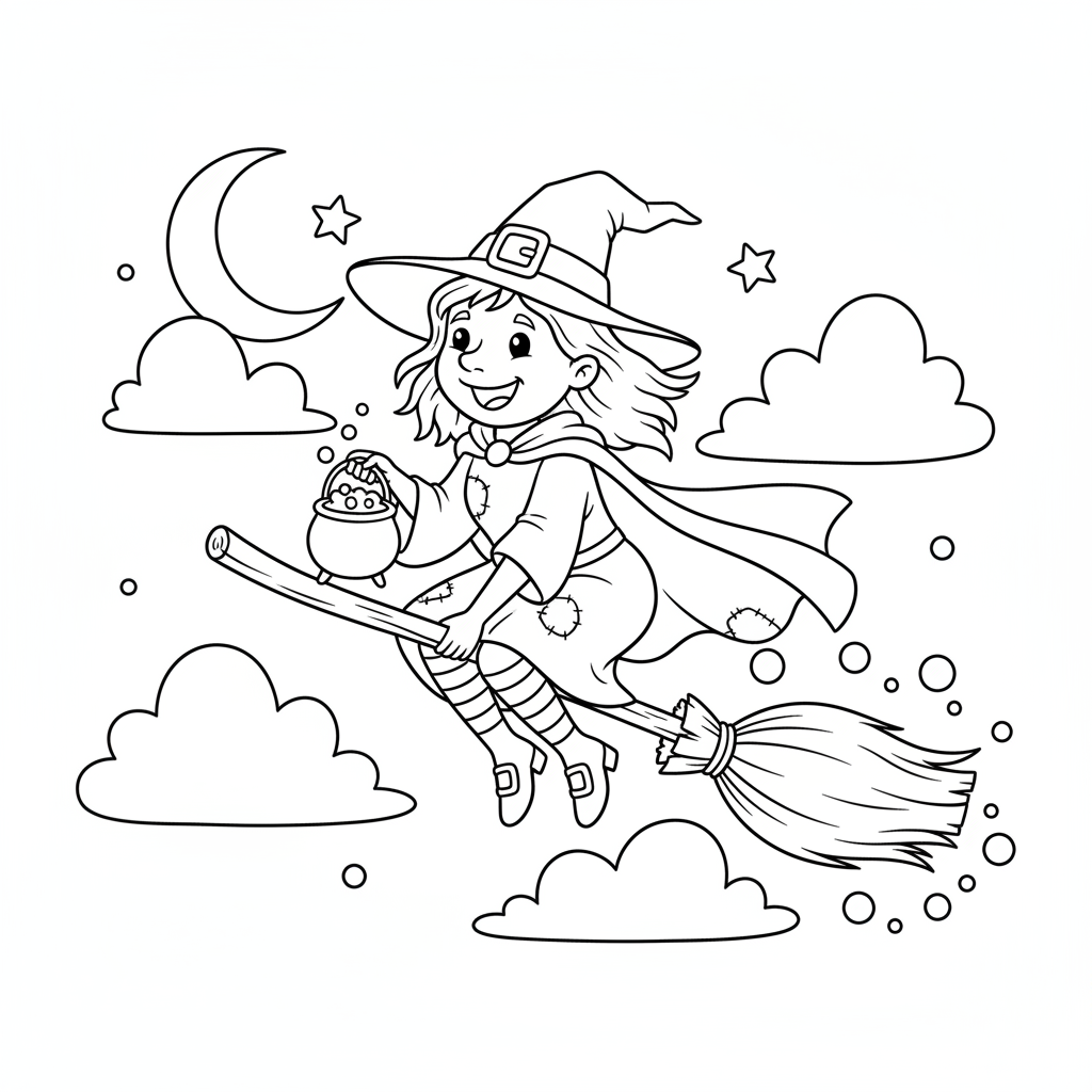 Hexe auf Besen fliegt Ausmalbild