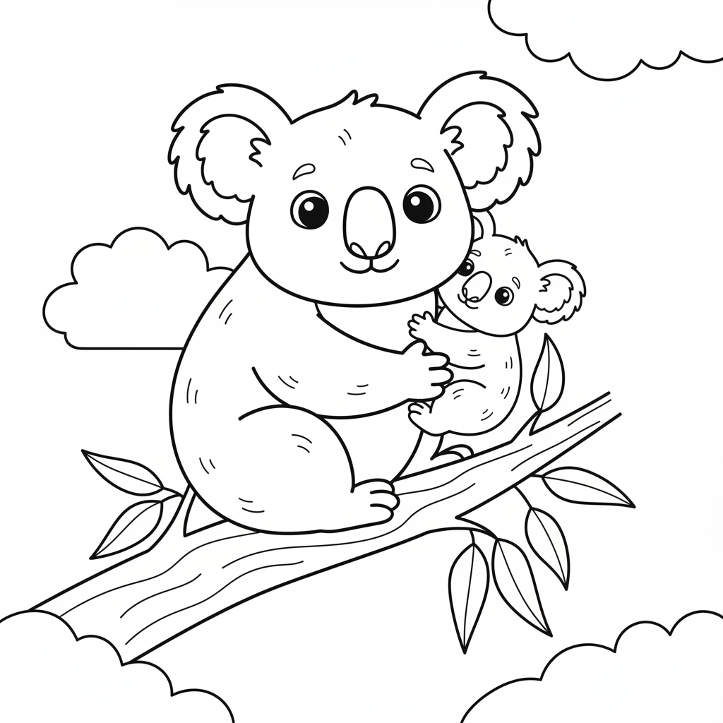 Baby Koala on Mothers Back Coloring Page