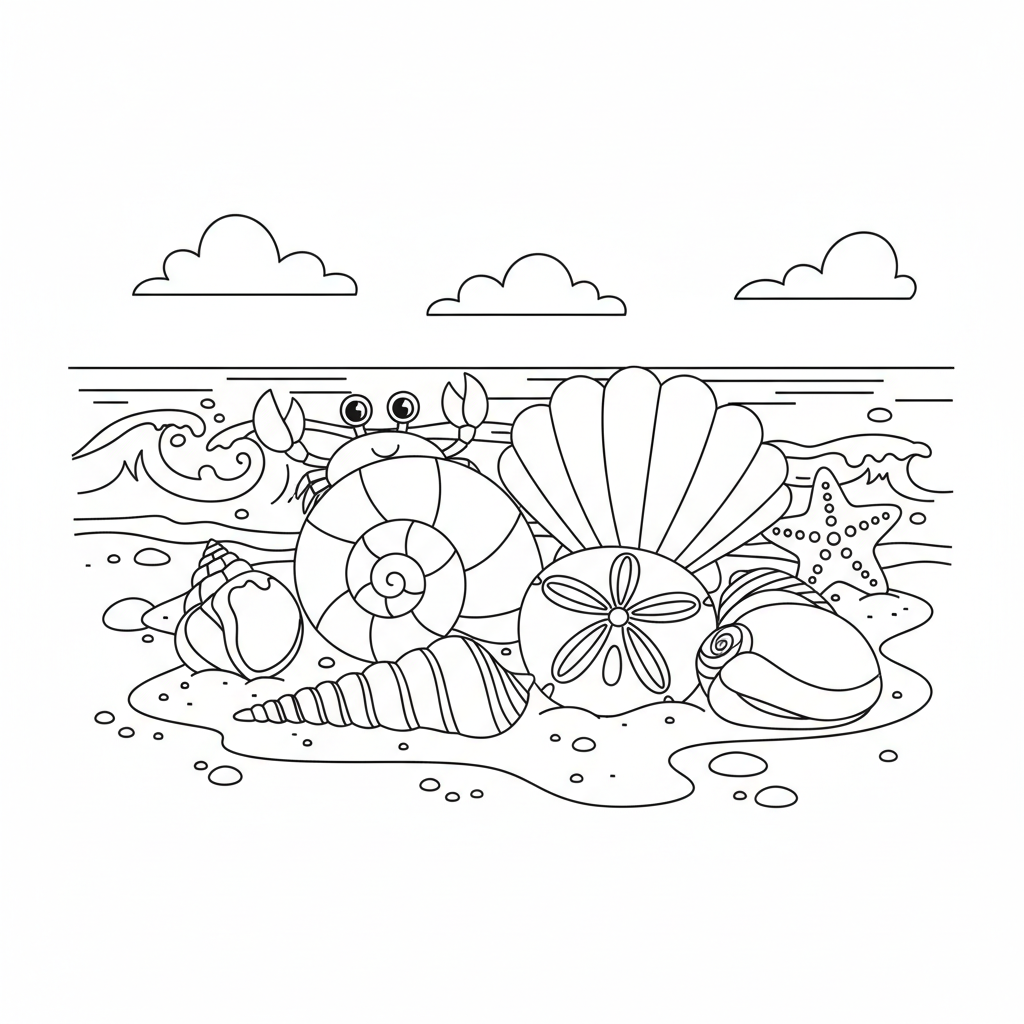 Muschelsammlung am Strand Ausmalbild