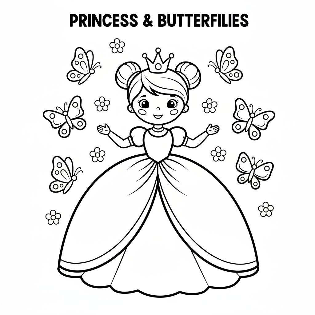 Prinzessin mit Schmetterlings-Freunden Ausmalbild