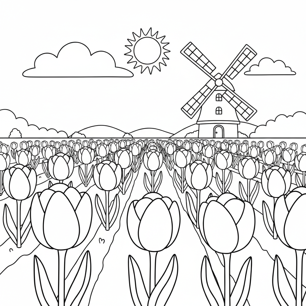 Tulpenfeld Ausmalbild