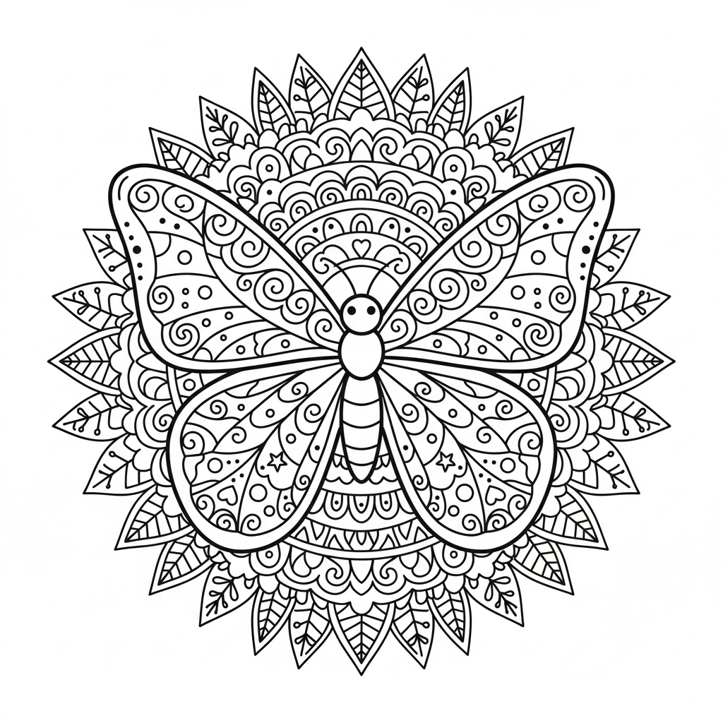 Schmetterling-Mandala mit Flügelmustern Ausmalbild
