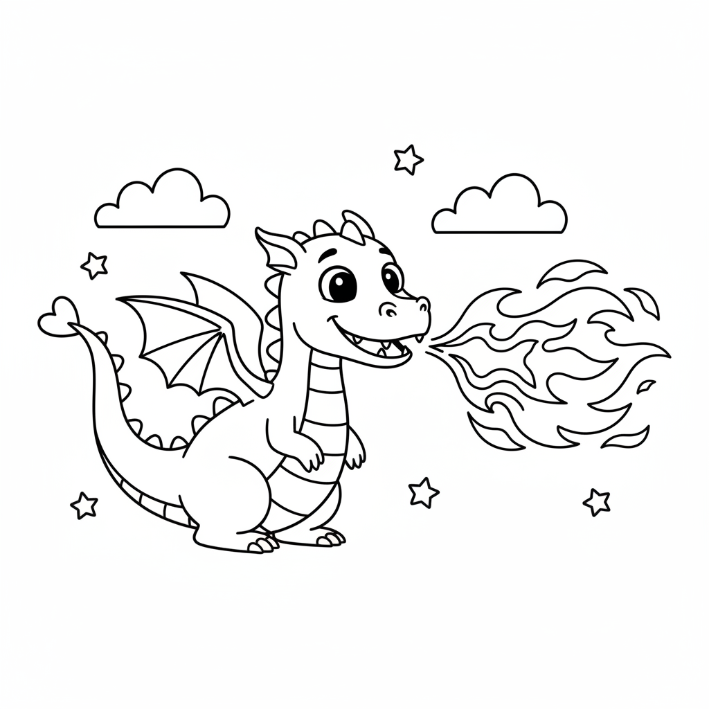 Freundlicher Drache speit Feuer Ausmalbild