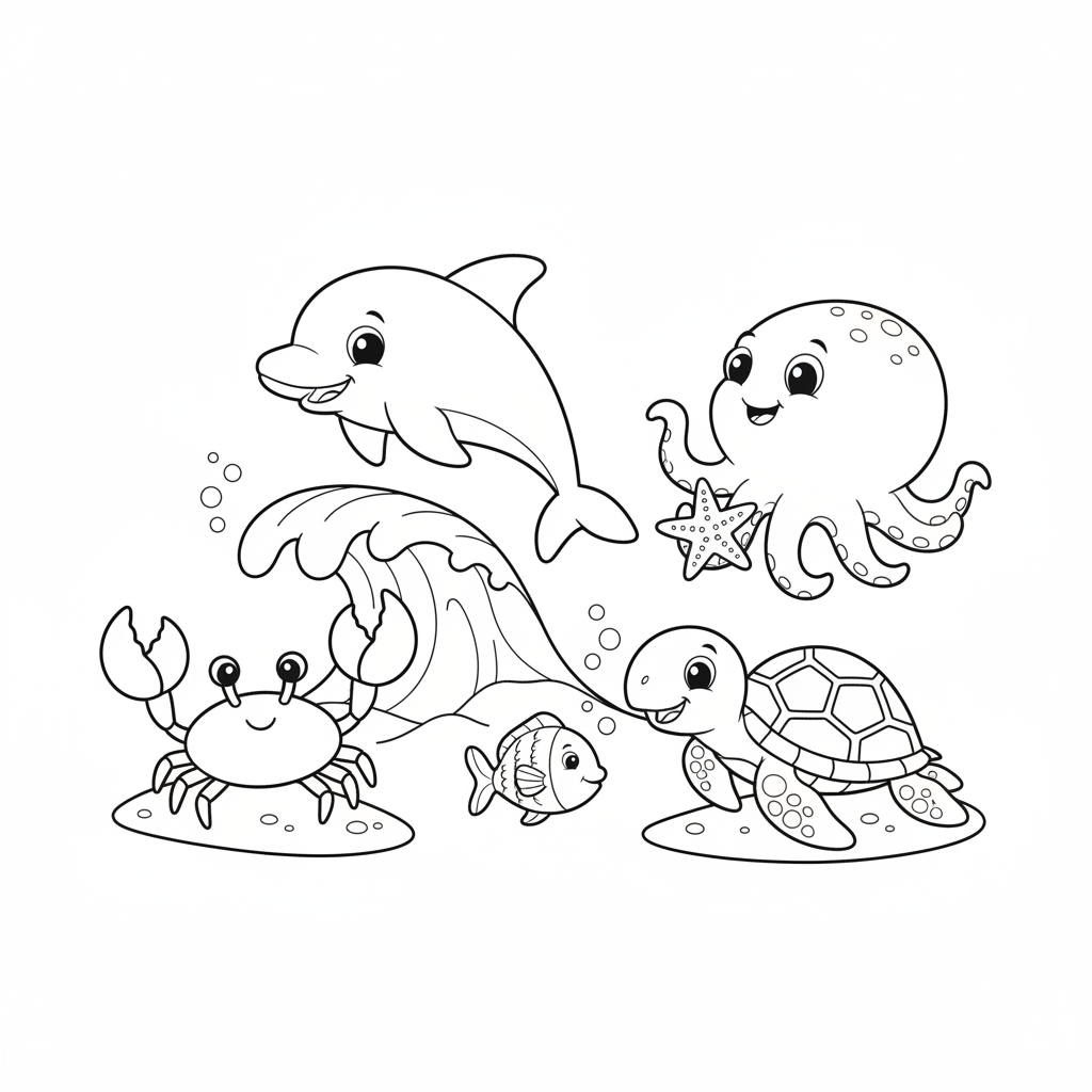 Cute Sea Animals Coloring Page