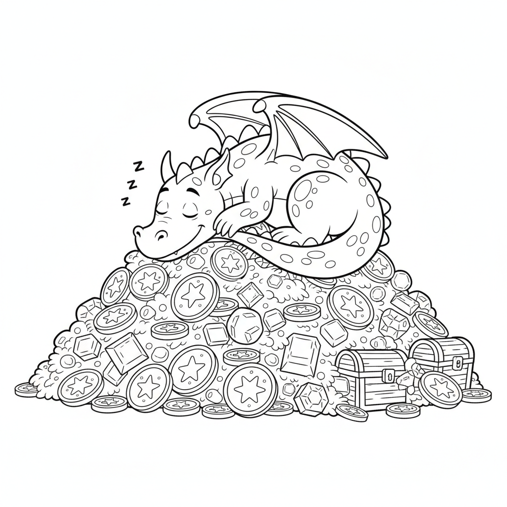 Drache schläft auf Schatz Ausmalbild