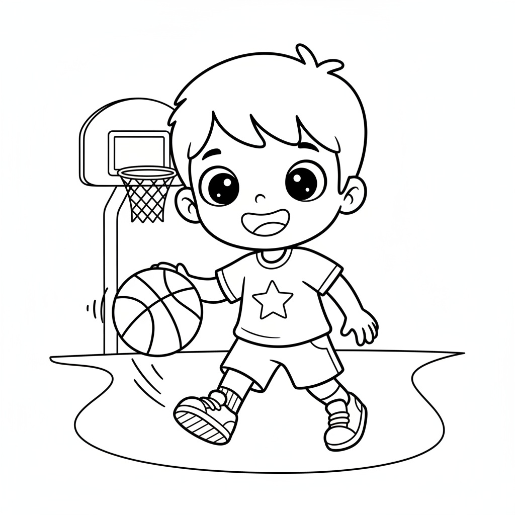 Kind dribbelt Basketball Ausmalbild