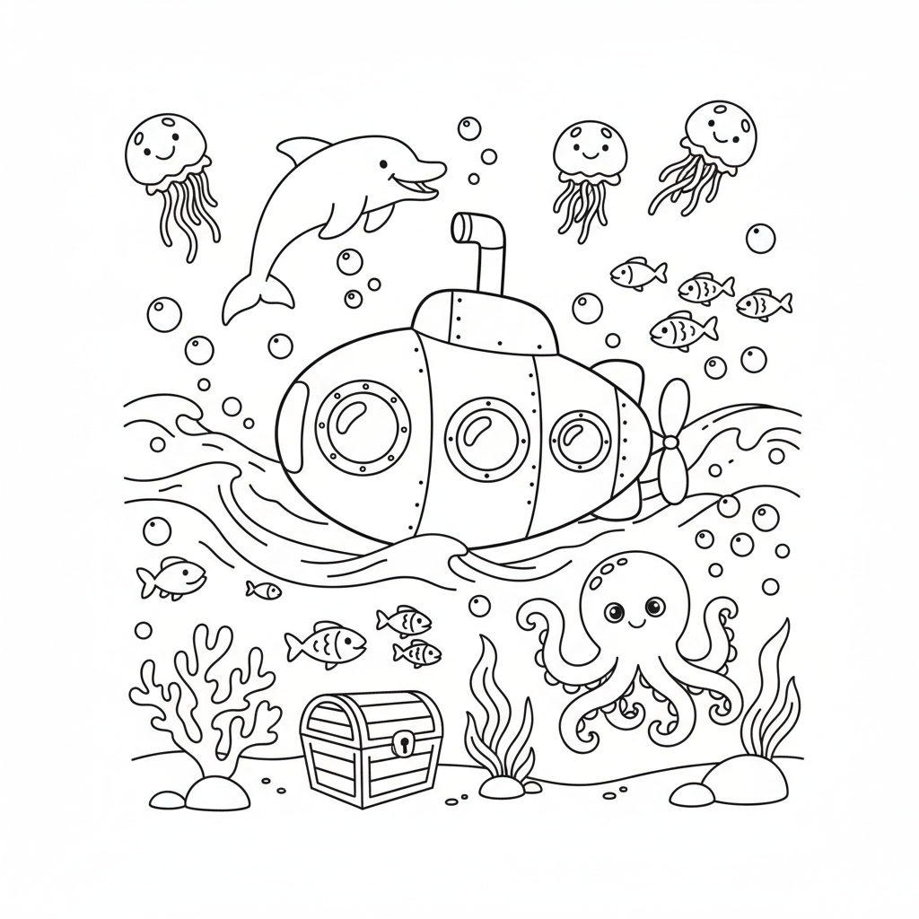 U-Boot erforscht Ozean Ausmalbild