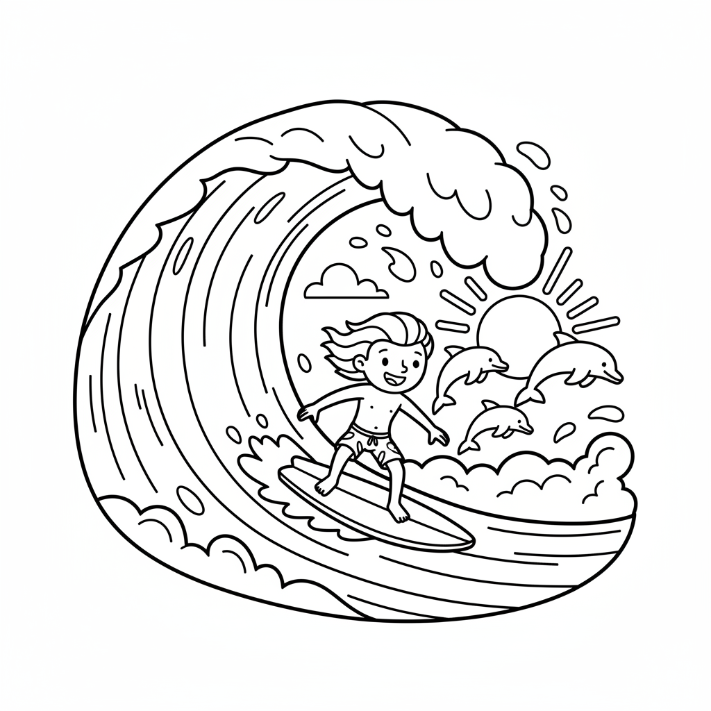 Surfer auf grosser Welle Ausmalbild