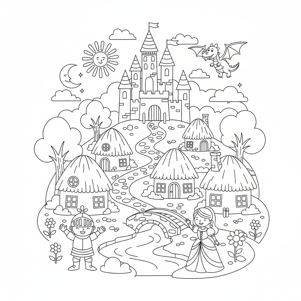 Mittelalterliches Dorf Ausmalbild