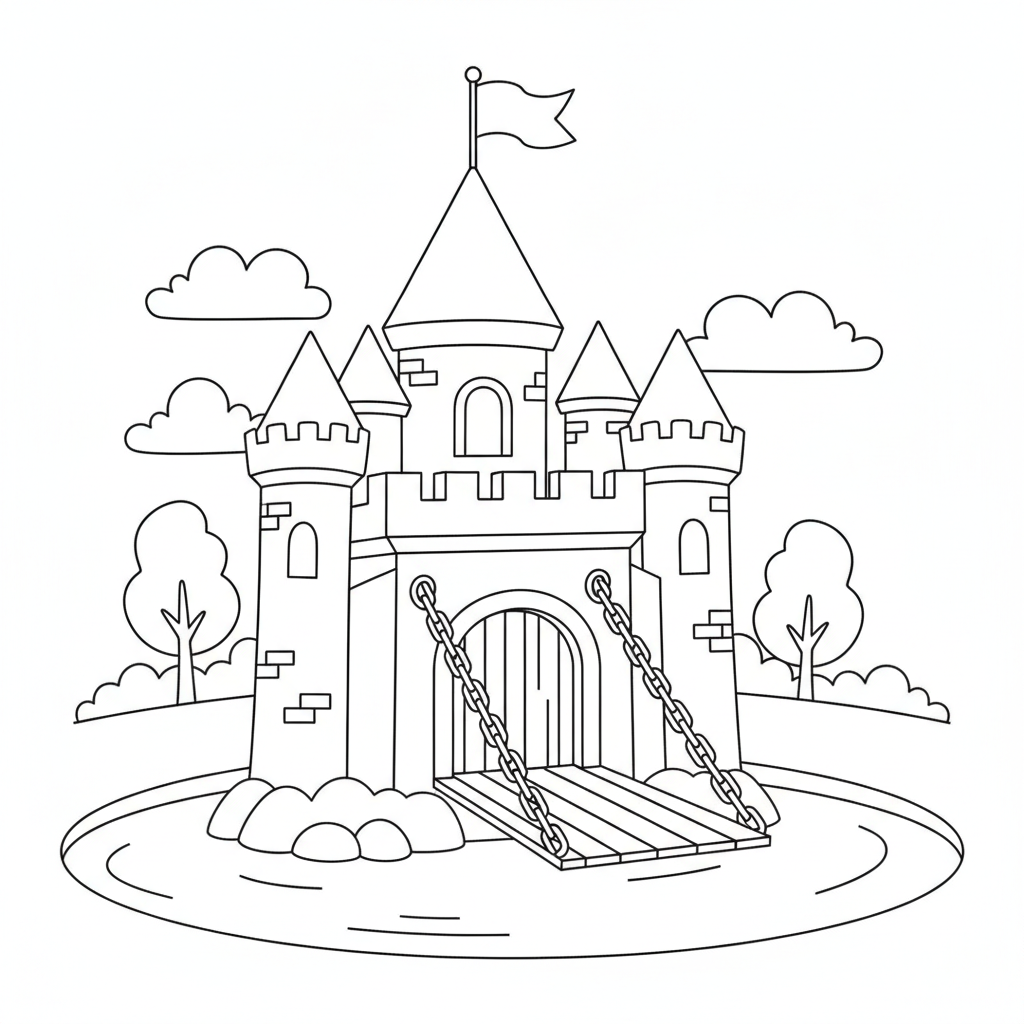 Schloss mit Zugbrücke Ausmalbild