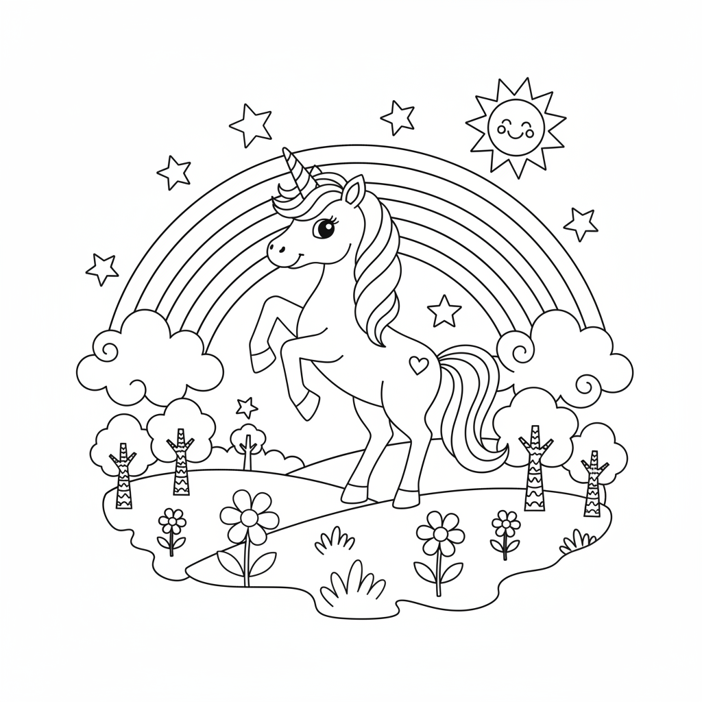 Magisches Einhorn mit Regenbogen Ausmalbild