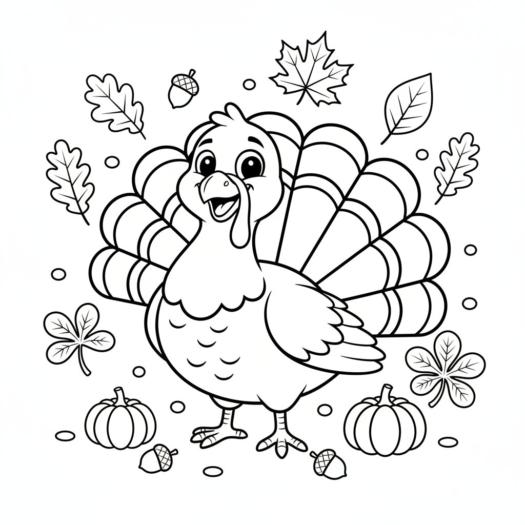 Fröhlicher Truthahn mit Herbstblättern Ausmalbild