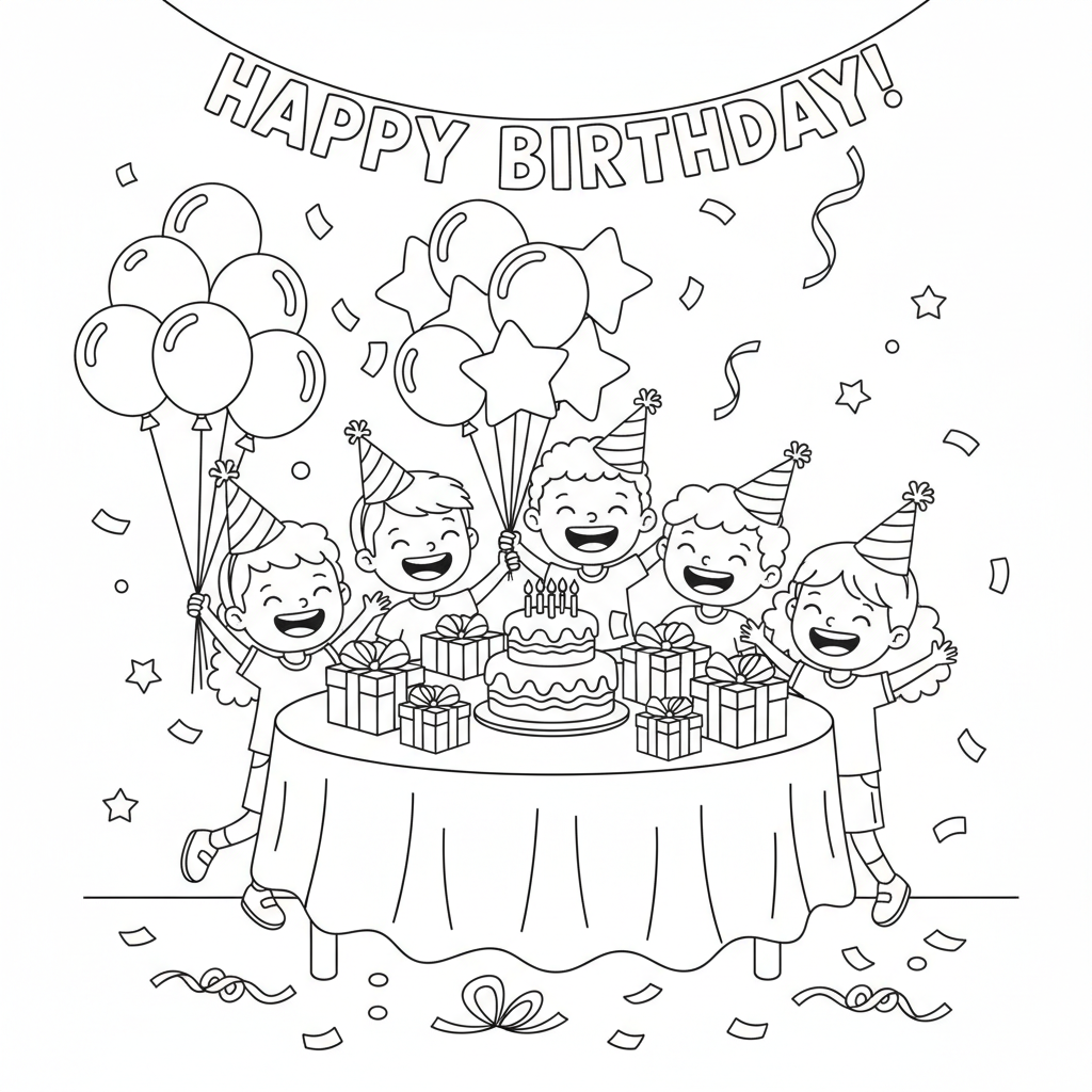 Geburtstagsparty mit Luftballons Ausmalbild