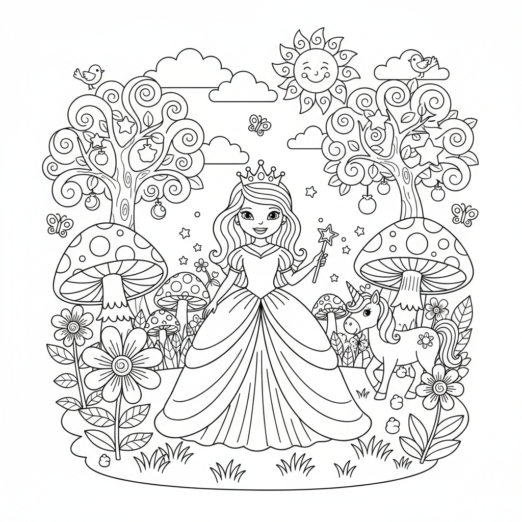 Prinzessin im Zaubergarten Ausmalbild
