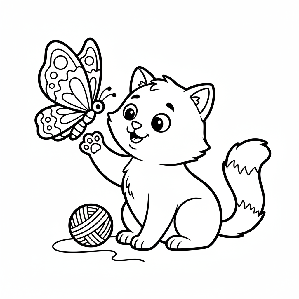 Katze spielt mit Schmetterling Ausmalbild