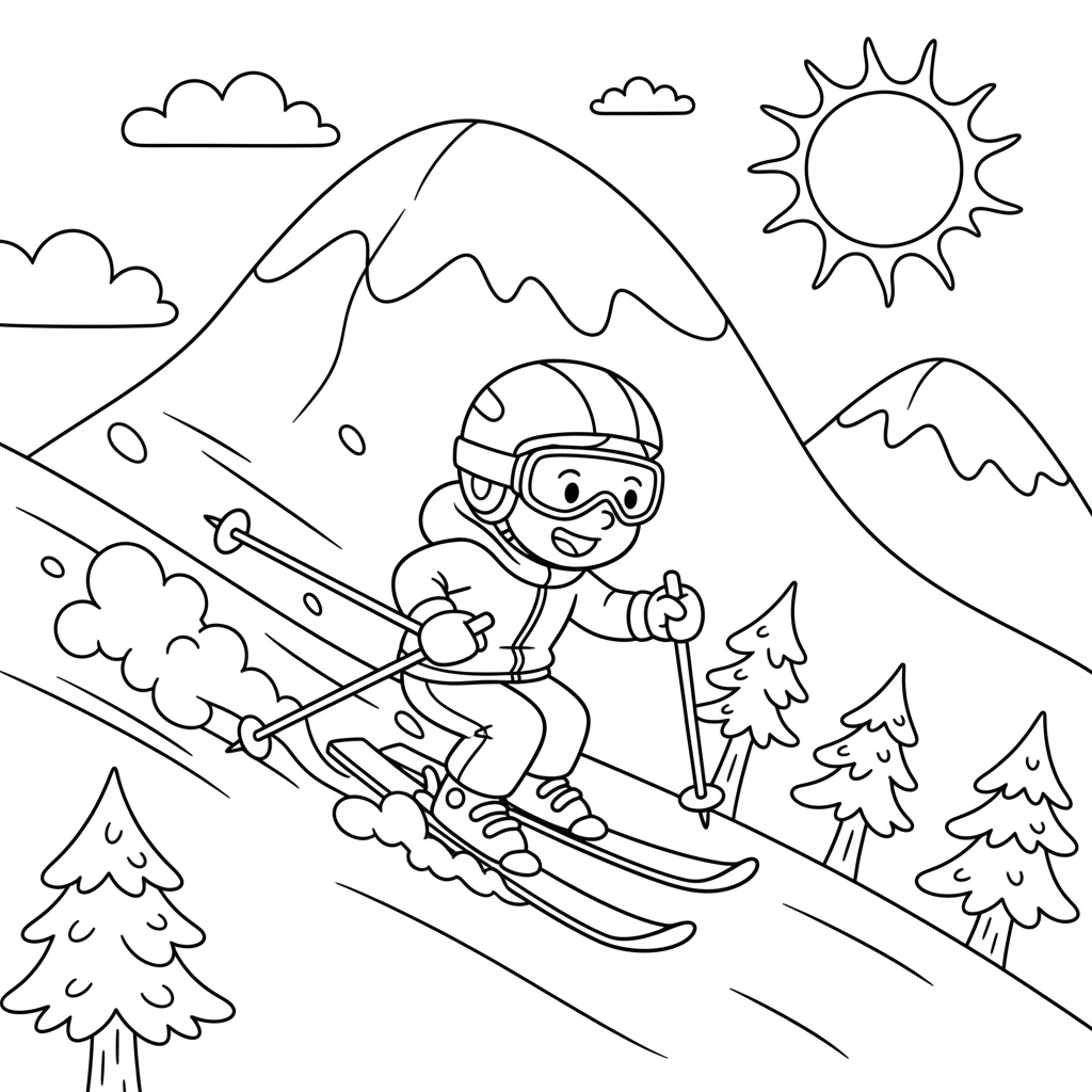 Skifahrer faehrt Abfahrt Ausmalbild