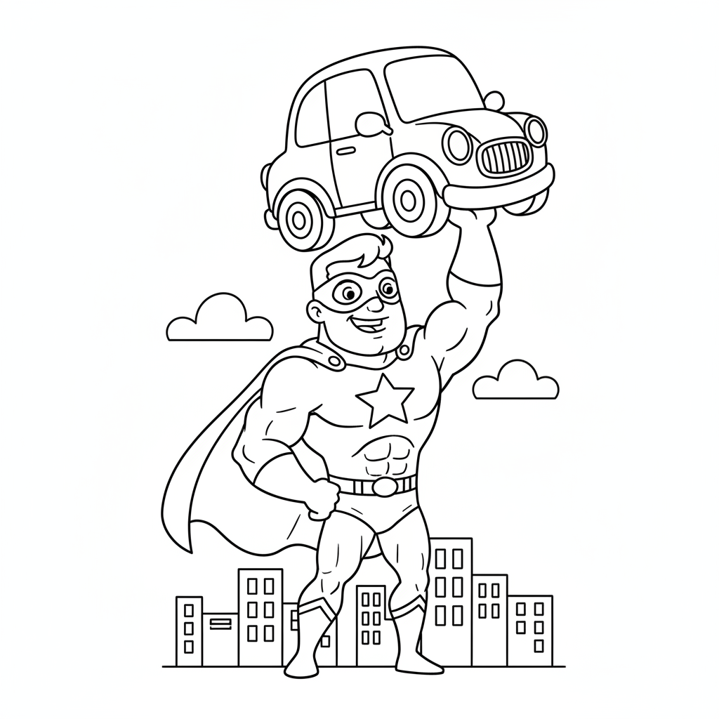 Superheld hebt Auto Ausmalbild
