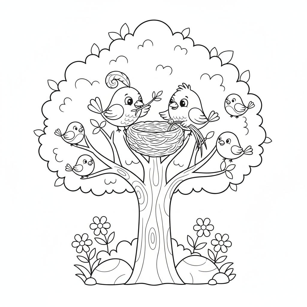 Vögel bauen Nest Ausmalbild