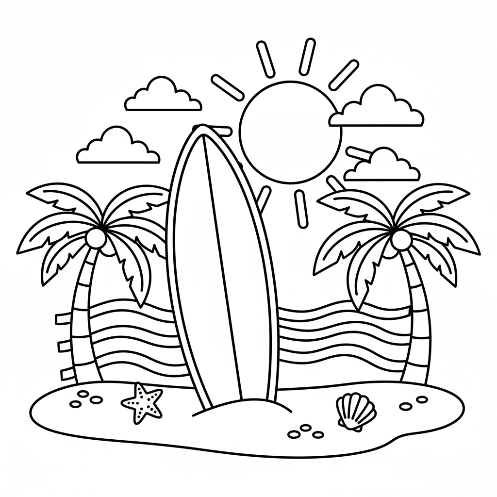 Surfbrett am Strand Ausmalbild