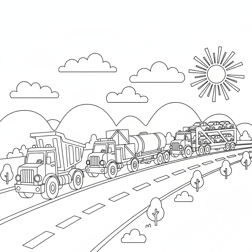 LKW-Konvoi auf Straße Ausmalbild