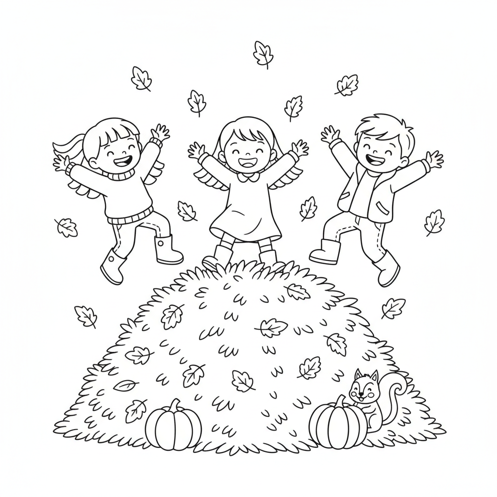 Kinder springen in Laubhaufen Ausmalbild