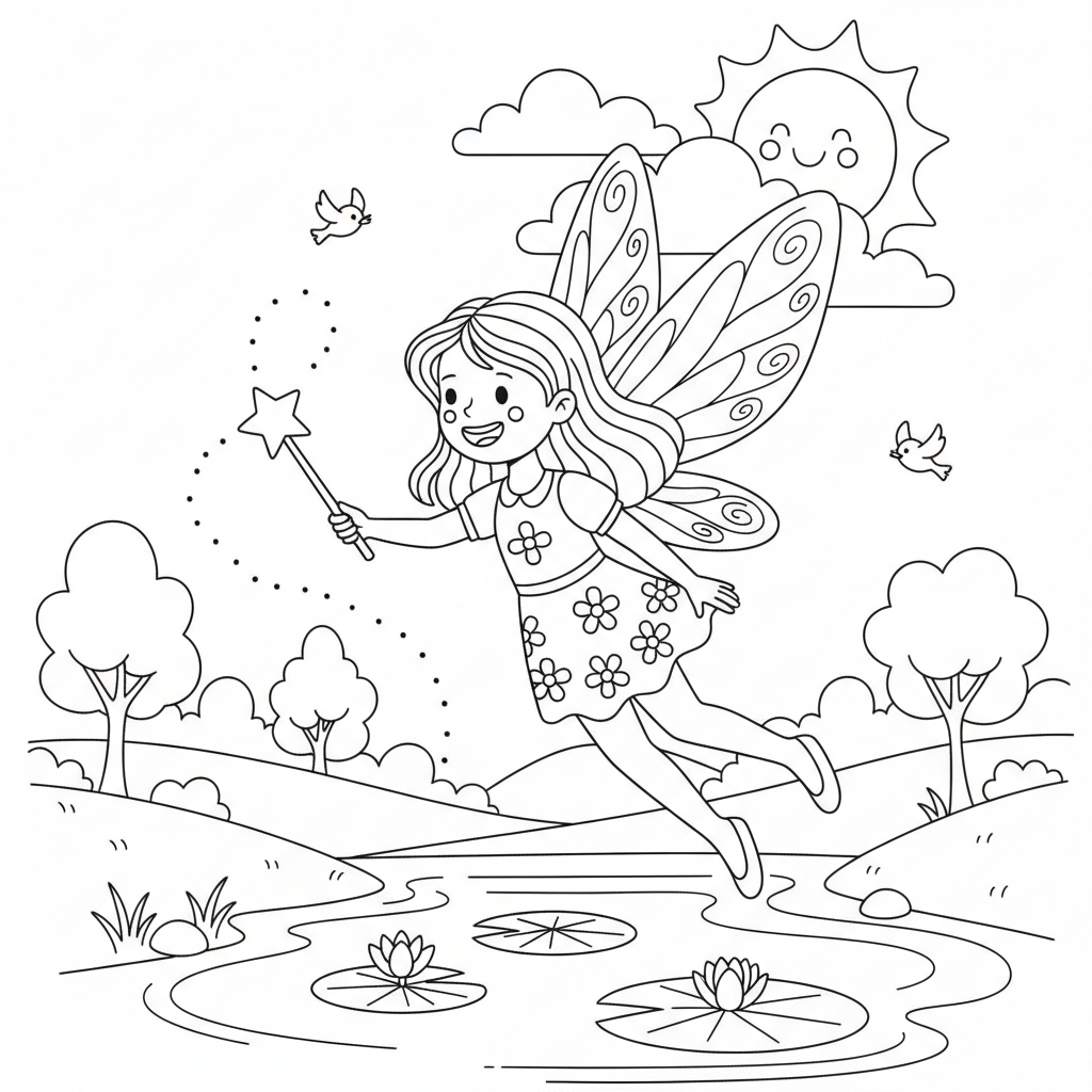 Fee fliegt über See Ausmalbild