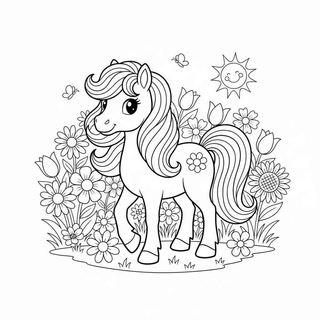 Pony mit langer Mähne und Blumen Ausmalbild