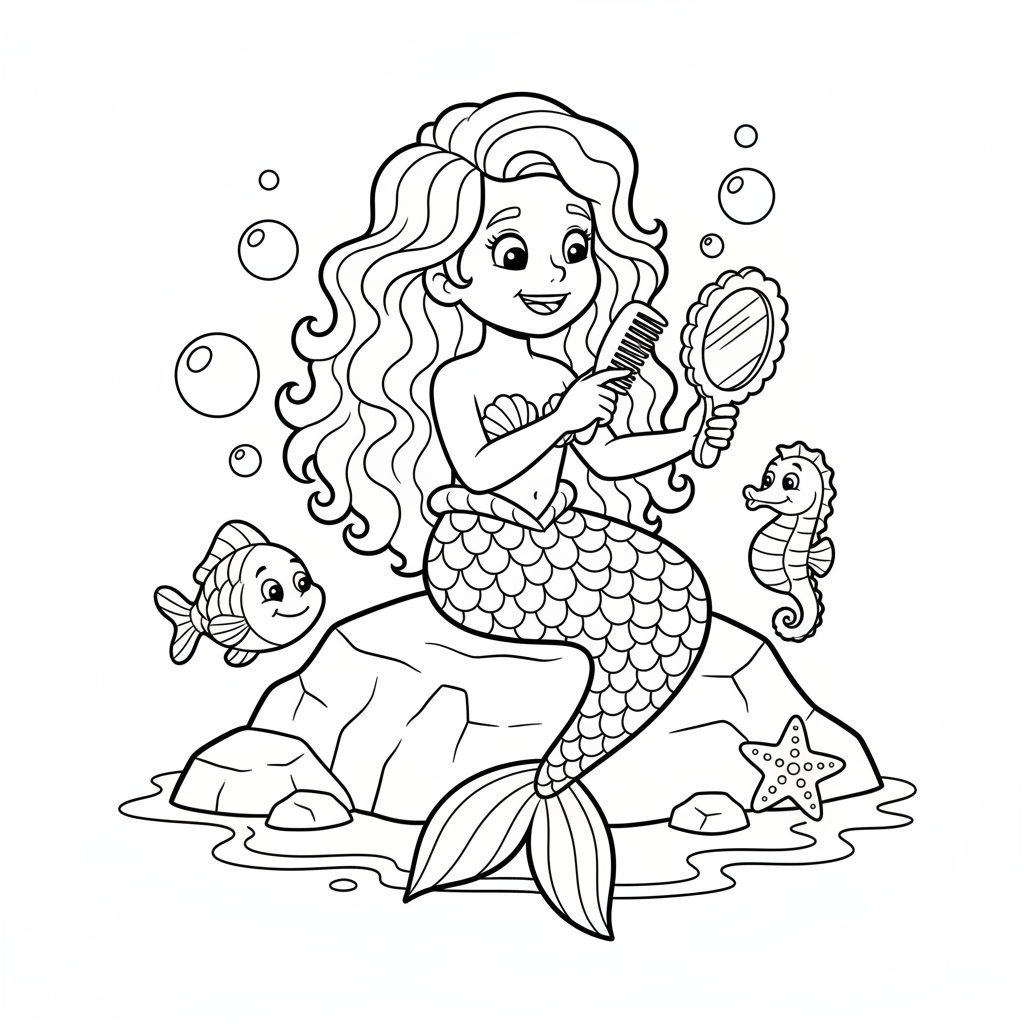 Meerjungfrau kaemmt Haare Ausmalbild