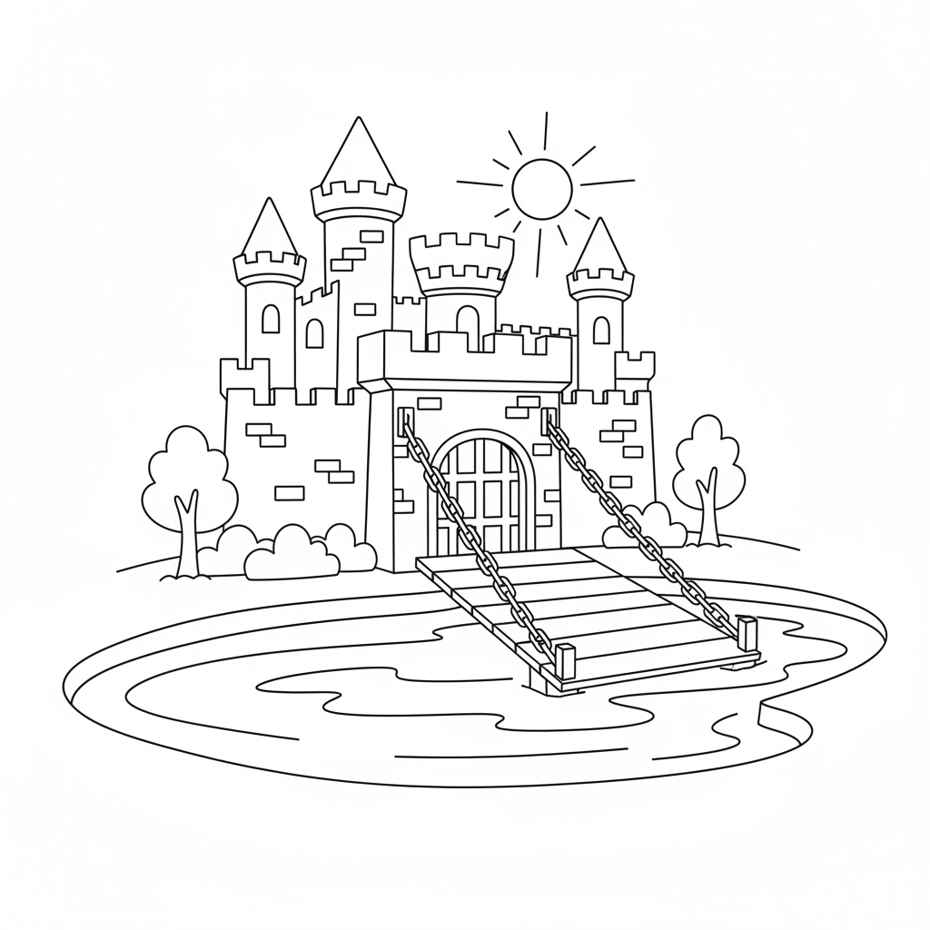 Burgtor mit Zugbruecke Ausmalbild