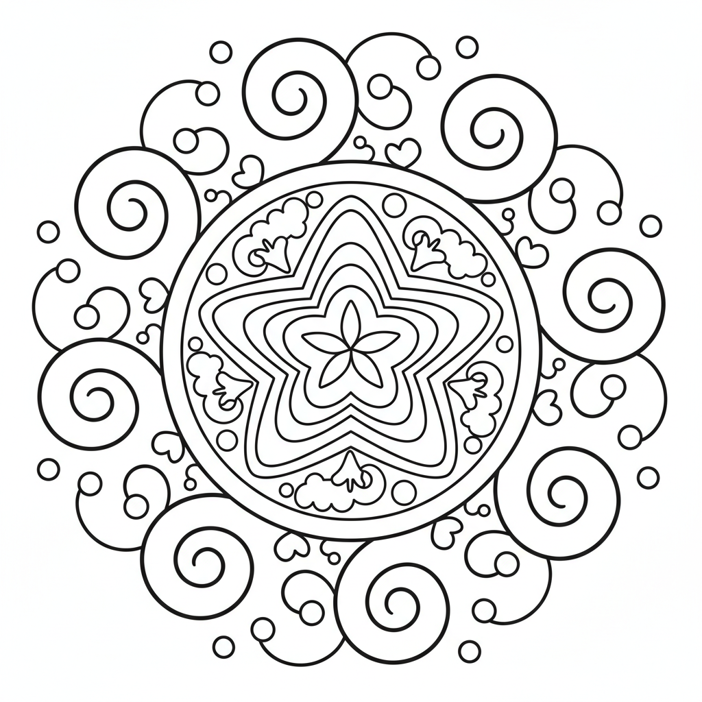 Stern-Mandala mit Wirbeln Ausmalbild
