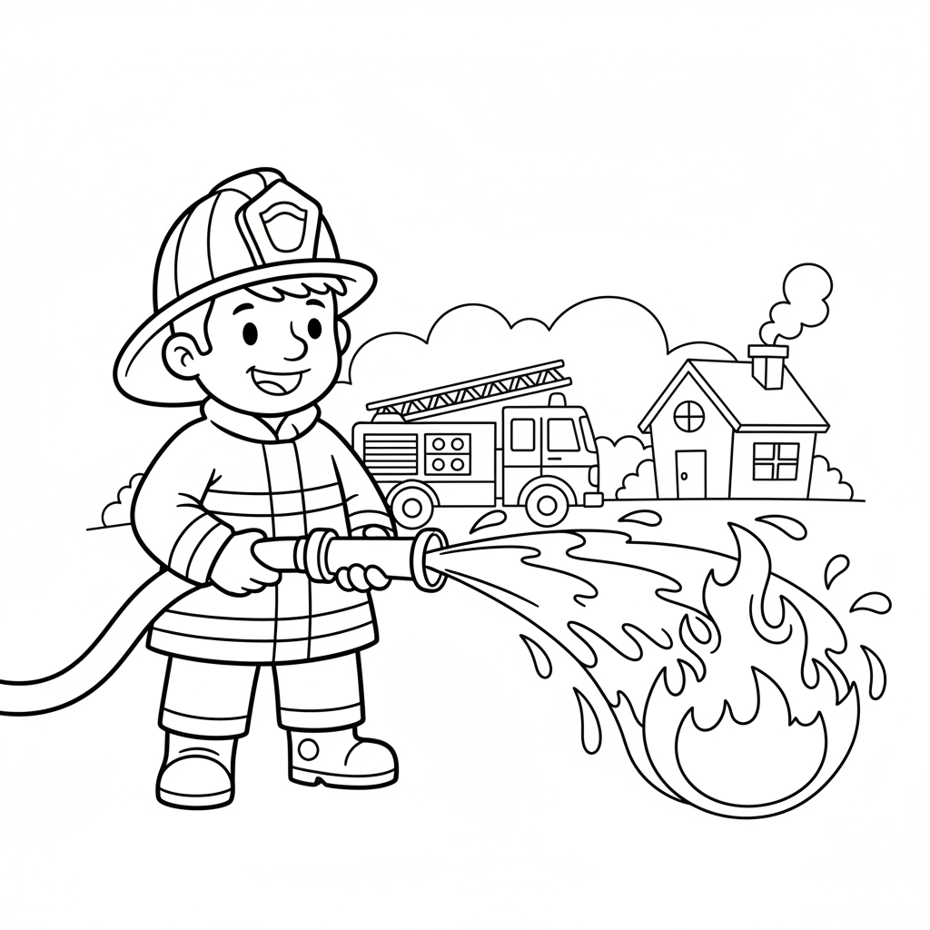 Feuerwehrmann löscht Feuer mit Wasser Ausmalbild